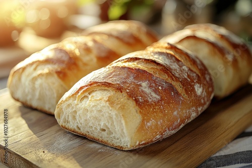 Close-up of two freshly baked loaves of crusty sourdough bread on a wooden cutting board.