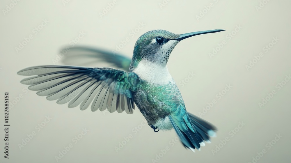 Naklejka premium A vibrant hummingbird hovering in midair with colorful feathers against a white background