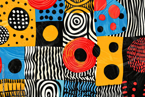 Colorful collage of circles and squares. The circles are red, yellow, and blue, and the squares are black and white. The image has a playful and whimsical mood, with the bright colors photo