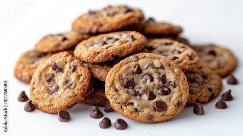 Delicious homemade chocolate chip cookies stacked on a clean white background