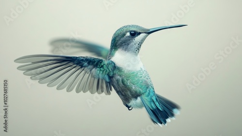 A vibrant hummingbird hovering in midair with colorful feathers against a whi...