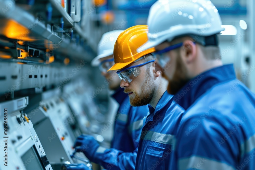 Engineers in protective gear work with control panels at a power plant. Focus on teamwork, technology, and industrial operation. Engineers in protective gear work with control panels at a power plant. Focus on teamwork, technology, and industrial operation.