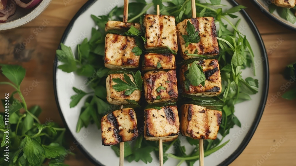 Grilled paneer skewers served with fresh herbs Grilled paneer skewers served with fresh herbs