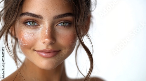 Woman applying skincare product with a bright smile against a light background