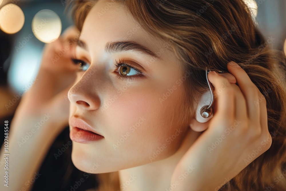 Fototapeta premium A young woman attentively using hearing aids while focused on her laptop in a vibrant office environment