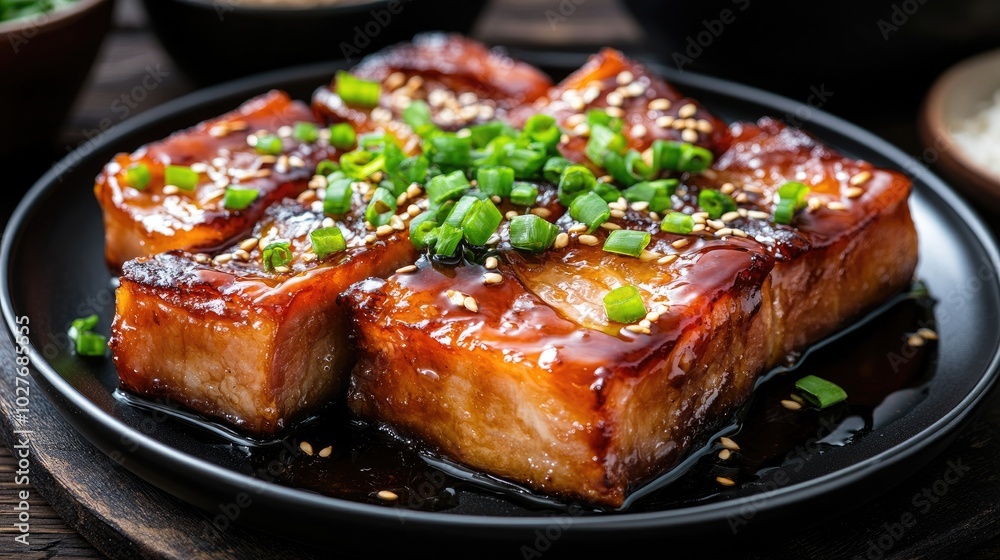 Delicious glazed tofu with green onions and sesame seeds Delicious glazed tofu with green onions and sesame seeds