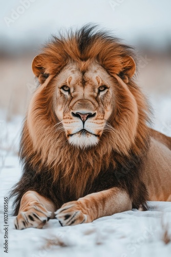 Majestic lion resting calmly on a smooth white surface in a studio setting