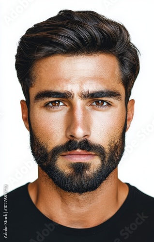 Stylish man with a full beard and sleek hair posing against a plain background
