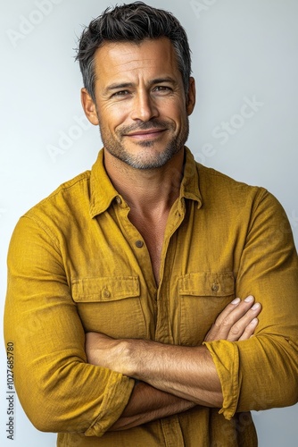 A smiling man with a confident stance showcasing casual style in a minimalist...