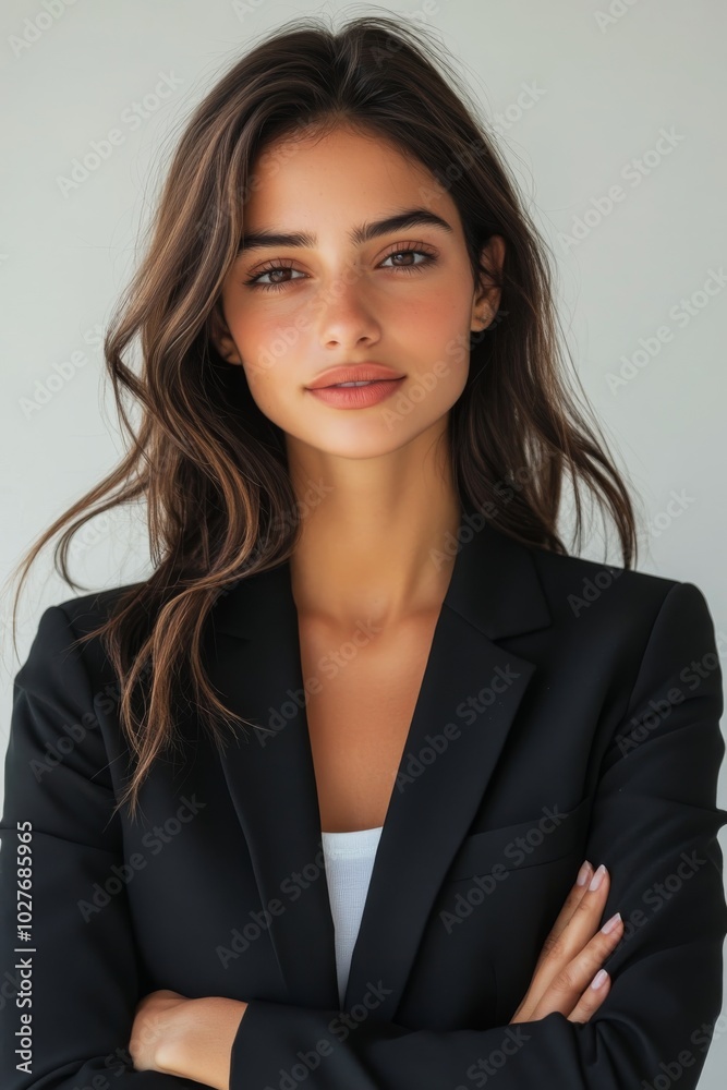 Confident woman in a black suit with arms crossed, posed against a light background Confident woman in a black suit with arms crossed, posed against a light background