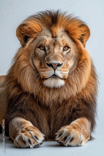 Majestic lion resting calmly on a smooth white surface in a studio setting