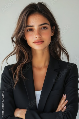 Confident woman in a black suit with arms crossed, posed against a light back...