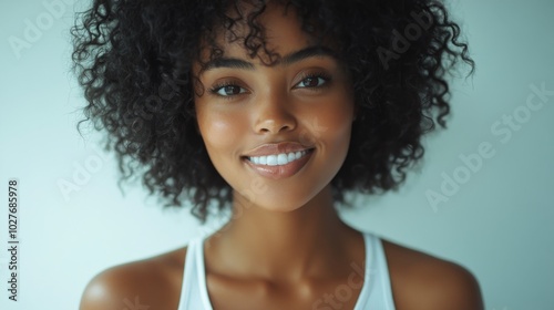 Smiling woman with curly hair poses in a casual outfit against a plain backgr...
