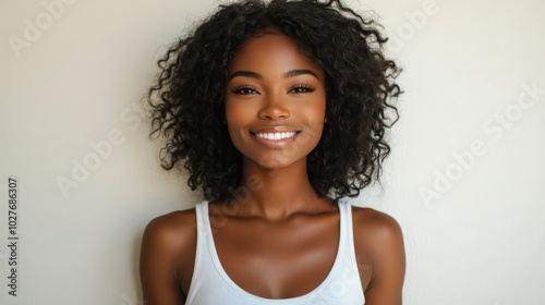Smiling woman with curly hair poses in a casual outfit against a plain backgr...