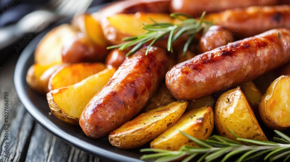 Savory Sausages with Crispy Potatoes on Black Plate Savory Sausages with Crispy Potatoes on Black Plate