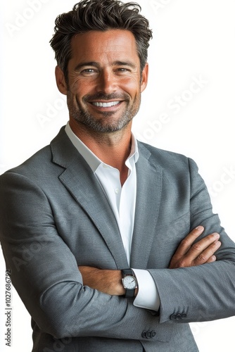 Confident man in a gray suit standing with arms crossed against a white backg...