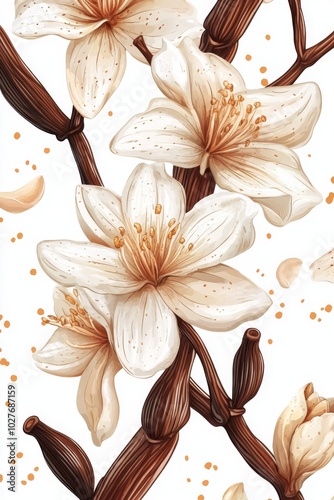 A beautiful arrangement of vanilla pods and delicate flowers on a light backg...
