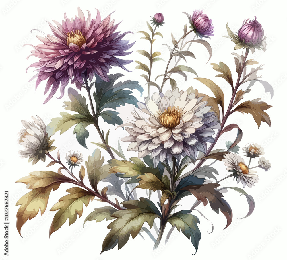 Adobe Illustrator Artwork set of garden autumn flowers asters, watercolor floral bouquet of flowers chrysanthemums, marigolds, carnations Adobe Illustrator Artwork set of garden autumn flowers asters, watercolor floral bouquet of flowers chrysanthemums, marigolds, carnations