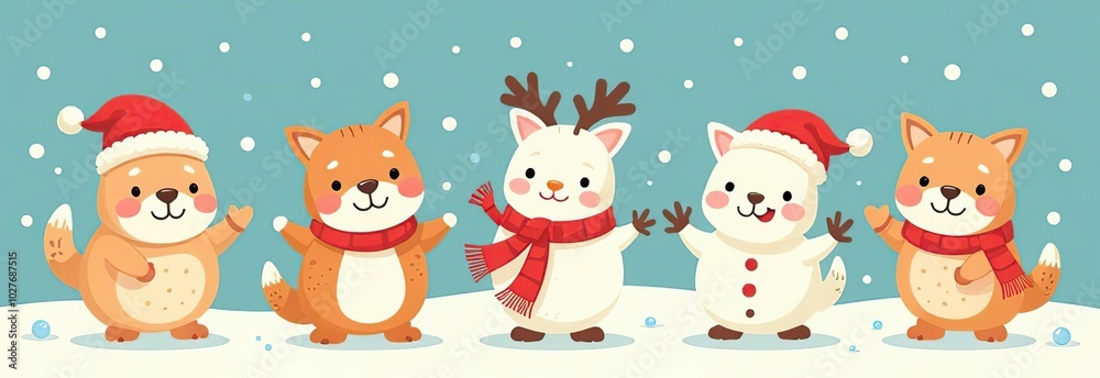 Christmas collection with cute animals: bear, fox, squirrel, bird, Santa Claus, Snowman and christmas decorative elements