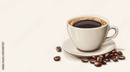 A steaming cup of coffee with roasted beans on a simple plate at morning light