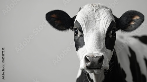 A close-up view of a curious black and white calf looking directly at the cam...