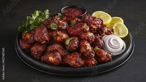 Spicy Chicken Wings with Fresh Ingredients on Platter