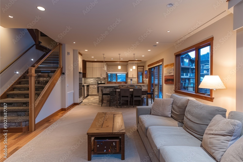 Cozy Living Room with Stone Fireplace and Comfortable Couch Cozy Living Room with Stone Fireplace and Comfortable Couch