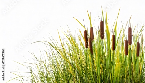 cattail, cat tail, cumbungi, punk or bulrush. Typha are aquatic or semi aquatic, rhizomatous, herbaceous perennial grass plants found in a variety of wetland habitats. Isolated on white background