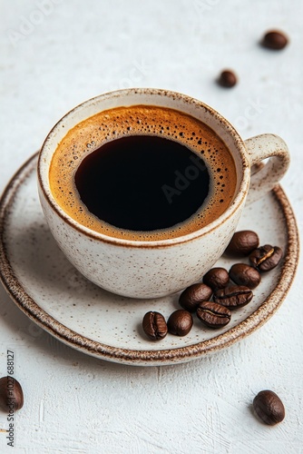Freshly brewed coffee in a black mug surrounded by aromatic coffee beans on a...