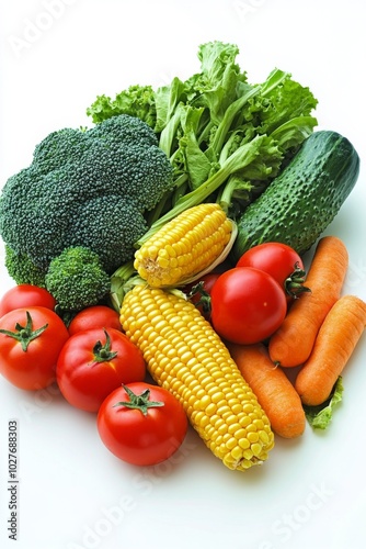 Fresh vegetables including vibrant tomatoes, corn, and broccoli arranged neat...