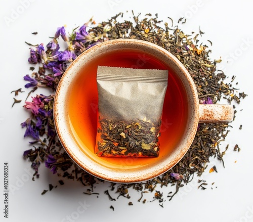 Tea brewing in a ceramic cup with a tea bag submerged in warm water