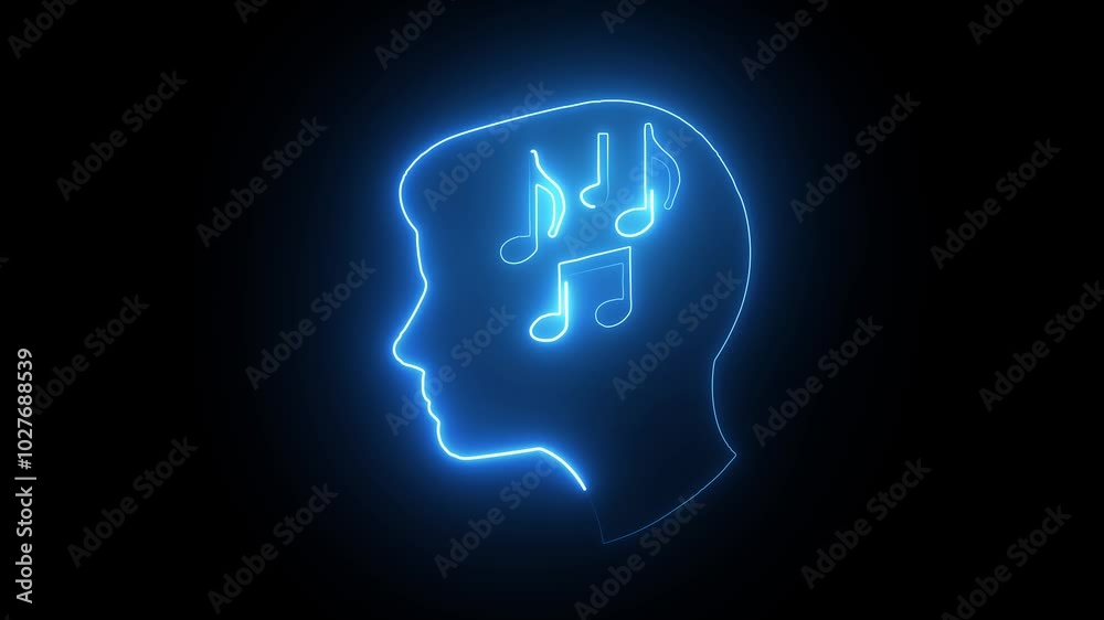 Glowing neon line Music in human head icon isolated on blue background. Glowing neon line Music in human head icon isolated on blue background.