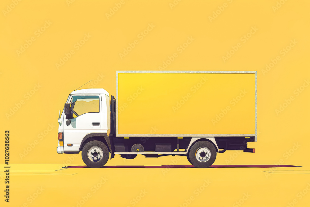 White truck with yellow stripes is driving down a yellow road. The truck is empty and has a yellow sign on the side. The scene is bright and cheerful, with the yellow color dominating the image White truck with yellow stripes is driving down a yellow road. The truck is empty and has a yellow sign on the side. The scene is bright and cheerful, with the yellow color dominating the image