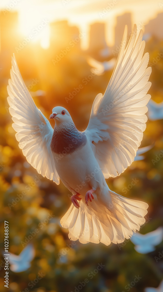 Flying pigeon in morning light with city background creates serene atmosphere Flying pigeon in morning light with city background creates serene atmosphere