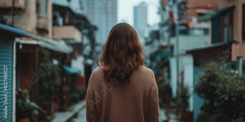 A woman with long hair wearing a sweater stands in the center of a blurry urban street scene, capturing a sense of solitude and introspection amidst the city surroundings.