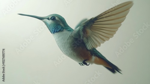 A vibrant hummingbird hovering in midair with colorful feathers against a whi...
