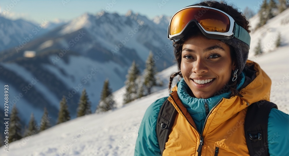 African American woman smiling enjoying skiing in the snow. Winter sports, outdoor adventures, seasonal fun concept. African American woman smiling enjoying skiing in the snow. Winter sports, outdoor adventures, seasonal fun concept.