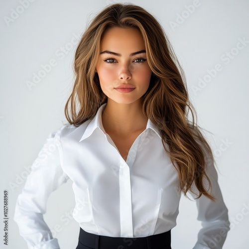 A young woman with long hair and a white shirt poses confidently against a li...