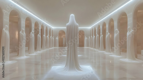 White Cloaked Figures in an Arched Hallway - 3D Illustration