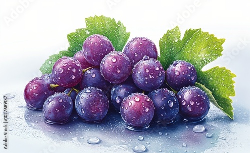 Freshly harvested purple grapes with dew drops on vibrant green leaves in nat...