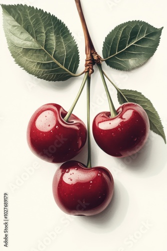Fresh red apples with green leaves arranged artistically on a clean white bac...