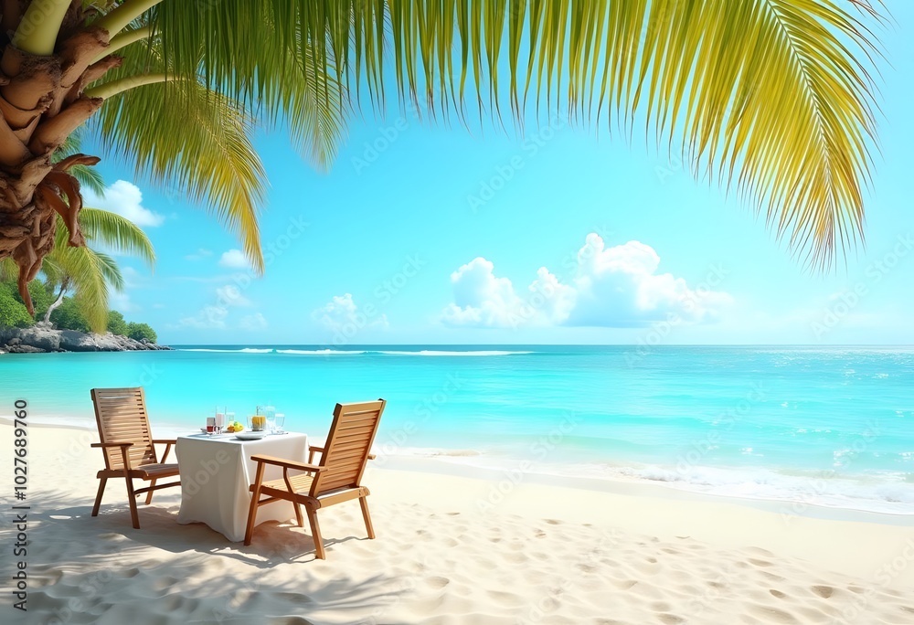 Obraz premium Tranquil beach scene. Panoramic tropical beach landscape for background or wallpaper, two lounge chairs with umbrella. Design of summer vacation holiday concept 
