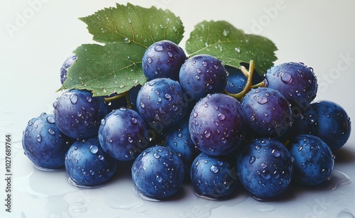 Wallpaper Mural Freshly harvested purple grapes with dew drops on vibrant green leaves in natural light Torontodigital.ca