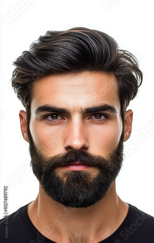 Stylish man with a full beard and sleek hair posing against a plain background