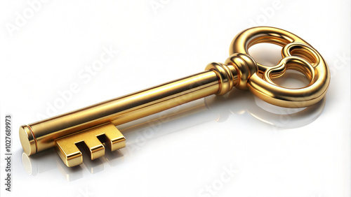  Golden Key to Success Shining on White Background with Copy Space