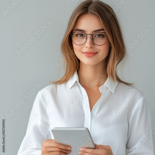 Young woman in casual attire holds tablet while smiling in bright indoor setting