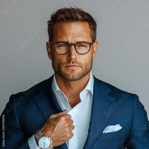 Confident man in a blue suit with glasses adjusting lapel against neutral bac...