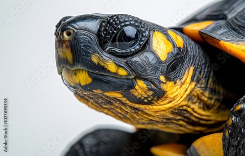 Close-up view of a colorful tortoise showcasing intricate patterns and textur...