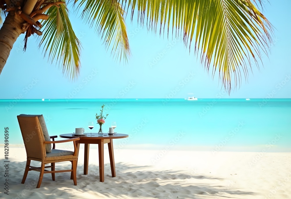 Fototapeta premium Tranquil beach scene. Panoramic tropical beach landscape for background or wallpaper, two lounge chairs with umbrella. Design of summer vacation holiday concept 