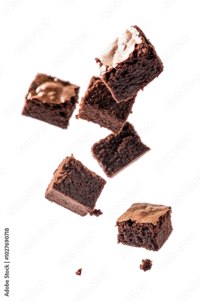 chocolate brownies in cubes falling floating or flying on transparent background. sweet and delicious brownies chocolate brownies in cubes falling floating or flying on transparent background. sweet and delicious brownies